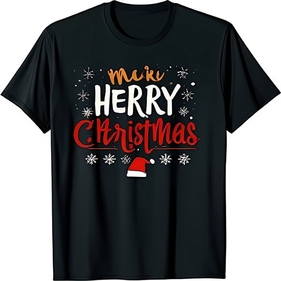 Festive Black T-Shirt with Vintage Meki Christmas Graphic & Snowflakes