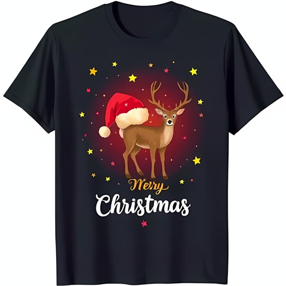 Festive Black T-Shirt with Whimsical Reindeer Graphic & Gold Stars for Christmas Cheer