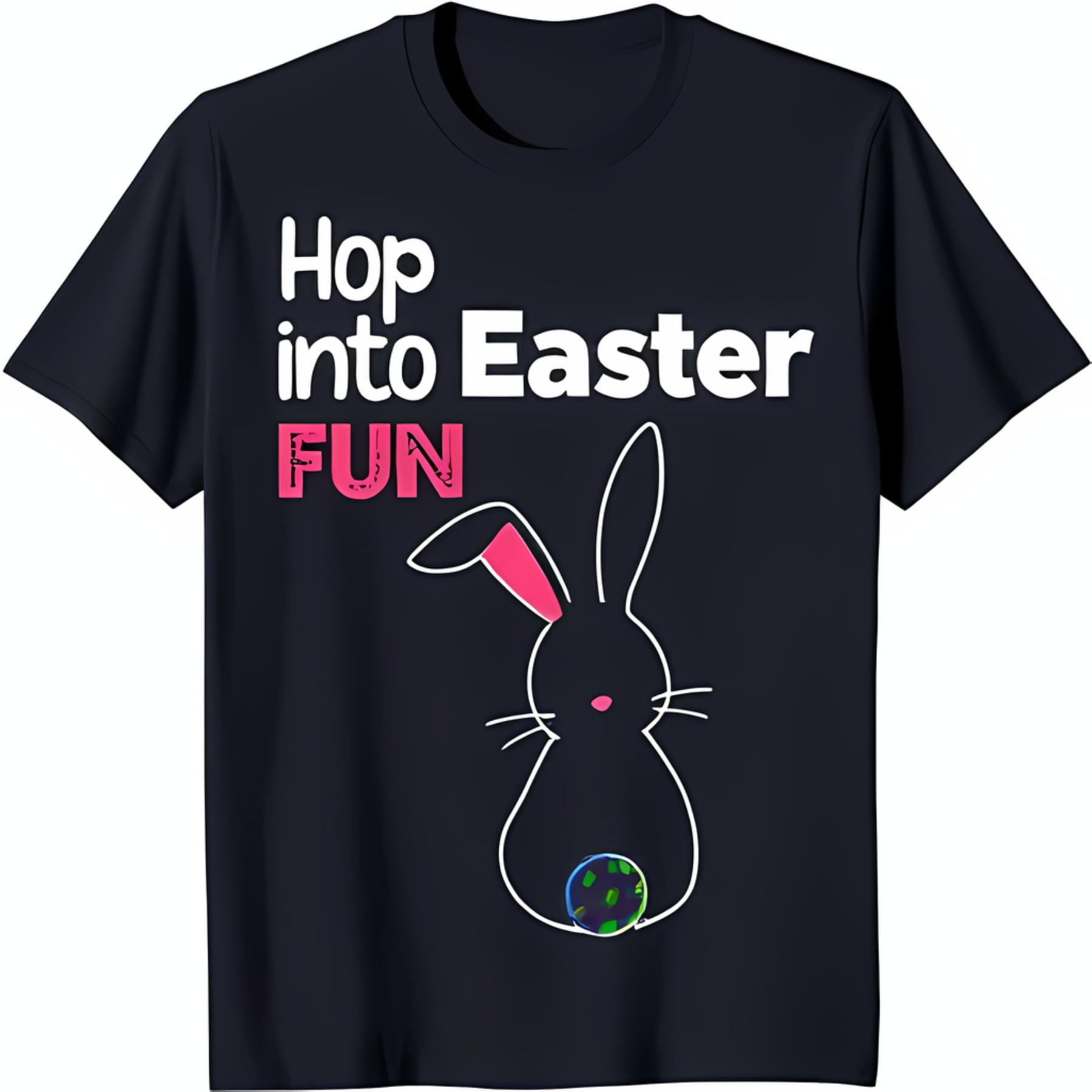 Festive Black TShirt with White Graphic & Colorful Easter Egg Design