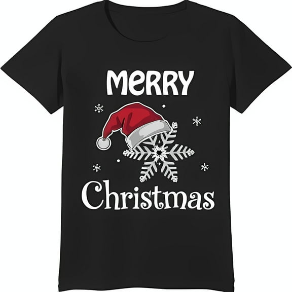 Festive Black T-Shirt with White 'Merry Christmas' Graphic & Red Santa Hat