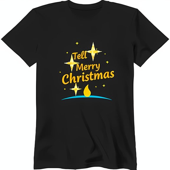 Festive Black T-Shirt with Yellow Candle Flame & Stars 'Tell Merry Christmas' Graphic