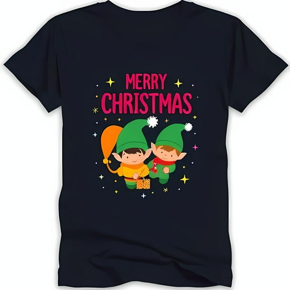 Festive Blue Christmas T-Shirt with 'Merry Christmas' & Cartoon Elves Design