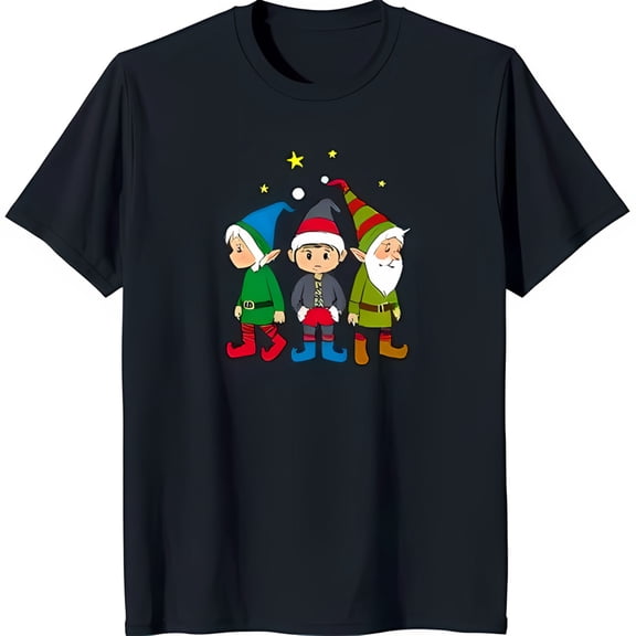 Festive Blue Christmas T-Shirt with Three Elves Stars & Snowflakes Design