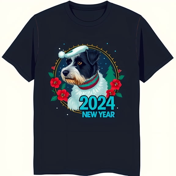 Festive Blue T-Shirt with Dog in Santa Hat & Flowers 2024 New Year Design