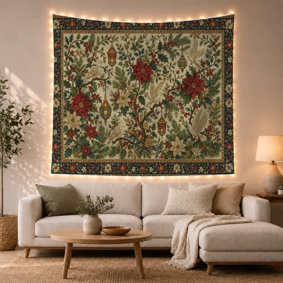 Festive Botanical Scene with Pine and Poinsettias, Cozy Vintage for Holiday Enthusiasts, Nature Inspired Decor, Christmas Gift Tapestry Wall Hanging for Living Room and Dining Room