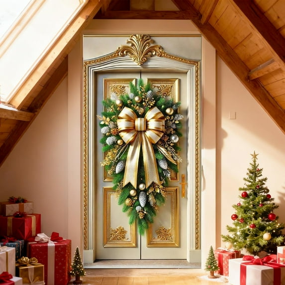 Festive Bow Door Curtain Decoration Hanging Cloth for Home Entrance Party Celebration Birthday Christmas Decor Multipurpose Courtyard Door Cover - 70.87 x 35.43 inches