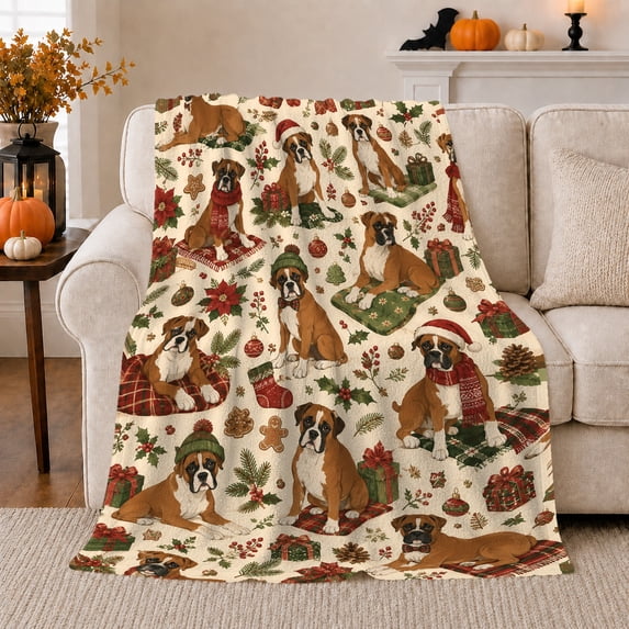 Festive Boxer Dogs Among Gifts And Greenery, Soft Flannel Blanket with Traditional Christmas Illustration Print, Housewarming Gift and Home Decor for Bedroom and Living Room