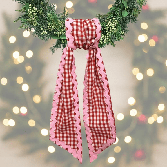 Festive Buffalo Plaid Wreath Sash with Pink Wave Cotton Accent for Front Door Decor, Indoor Outdoor Holiday Garland Ribbon for Bridal Shower Home Decorations