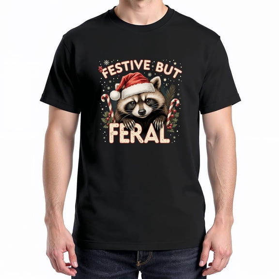 Festive But Feral Raccoon Christmas T-Shirt – Funny Holiday Animal Theme – Cozy Winter Gift for Raccoon Lovers