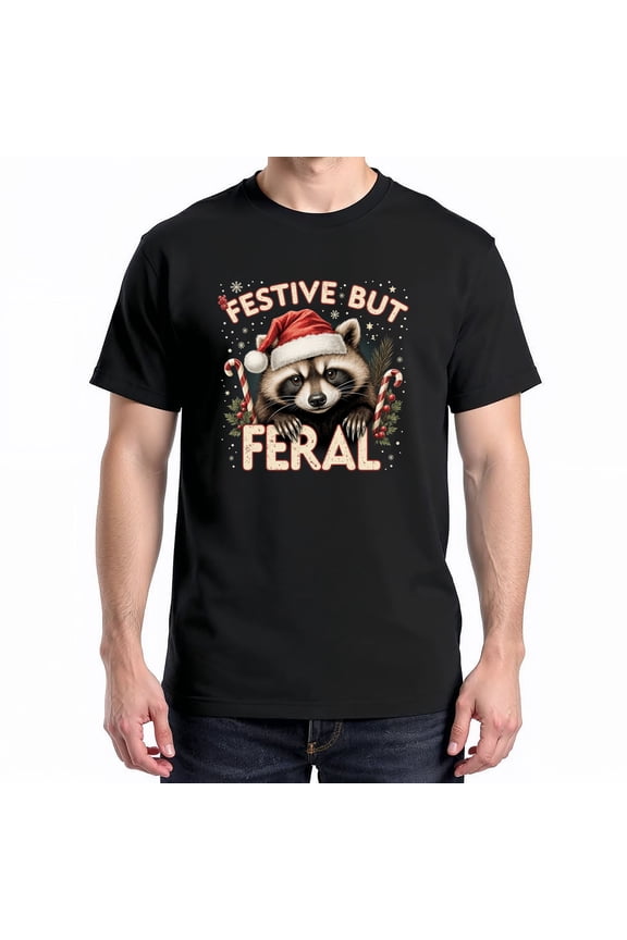 Festive But Feral Raccoon Christmas T-Shirt – Funny Holiday Animal Theme – Cozy Winter Gift for Raccoon Lovers