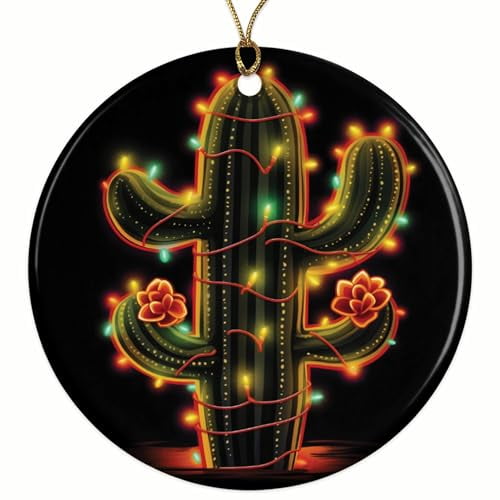 Festive Cactus Wrapped in Christmas Lights Christmas Ornament - Festive Holiday Decor - 2.8" Round - Gold String Included - UV Printed Design - Choose from Over 140 Designs - BMCO0473