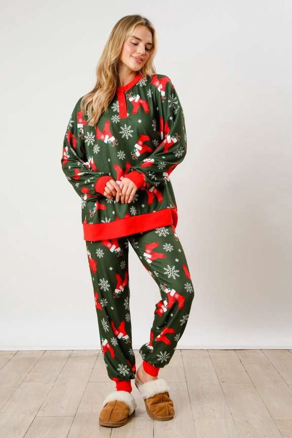 Festive Candy Cane & Star Christmas Pajama Set (M, Green)