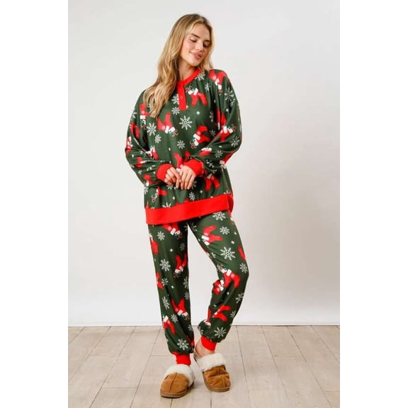 Festive Candy Cane & Star Christmas Pajama Set (M, Green)