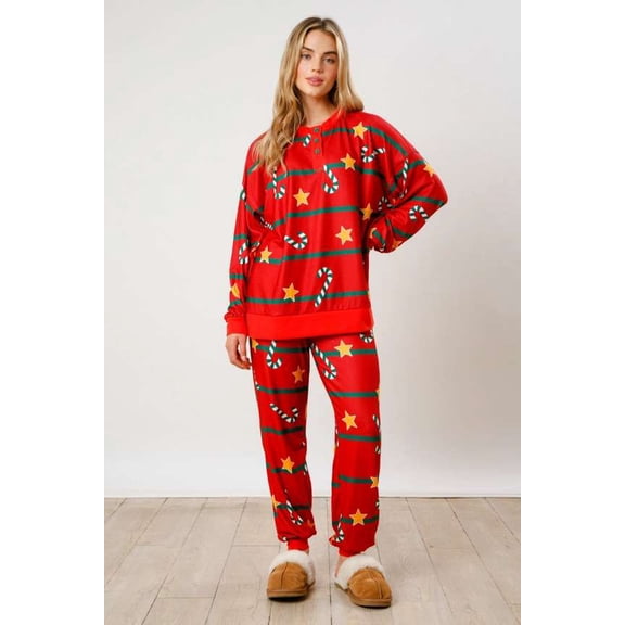 Festive Candy Cane & Star Christmas Pajama Set (M, Red)