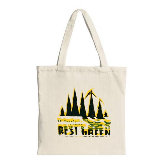 Stylish Tote Bag with Natural Design: Features Stylized Trees & Wind Turbines Bold ' The Best Green ' Text Perfect for Eco-Friendly Shopping