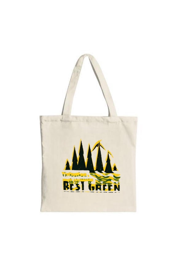 Stylish Tote Bag with Natural Design: Features Stylized Trees & Wind Turbines Bold ' The Best Green ' Text Perfect for Eco-Friendly Shopping