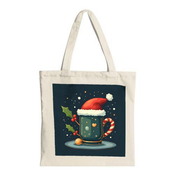 Festive Canvas Tote Bag with Green Mug in Santa Hat Candy Hearts and Holly on Dark Blue Winter Background - Perfect for Holidays