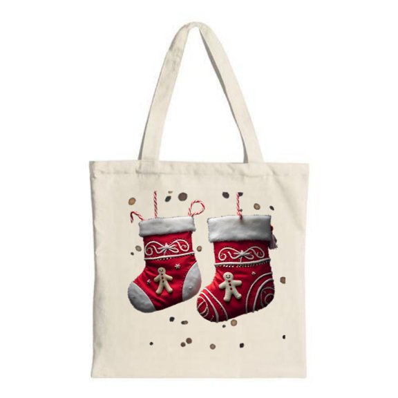 Festive Canvas Tote Bag with Red Christmas Stockings Gingerbread & Candy Designs on Beige Pebble Background - Perfect for Shopping & Travel