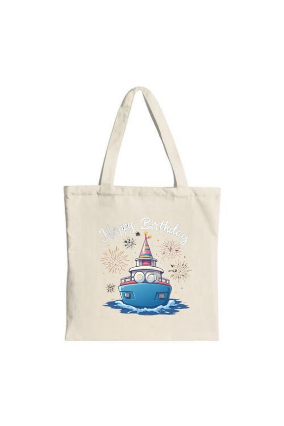 Festive Cartoon Boat Tote Bag - Fun Design with Party Hat & Fireworks Perfect for Birthdays Parties Travel & Shopping