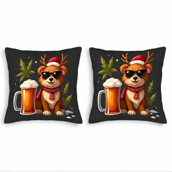 Festive Cartoon Dog Throw Pillow Covers 18x18in Set of 2 - Fun Santa Hat & Sunglasses Design for Couch Bed Car - Holiday Cheer