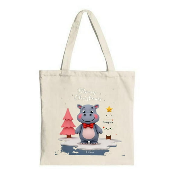 Festive Cartoon Hippo Tote Bag - Reusable Canvas Shopping Bag with Merry Christmas Design Perfect for Parties and Travel