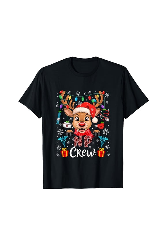 Festive Cartoon Reindeer Face Proud Nurse T-Shirt for Holiday Cheer