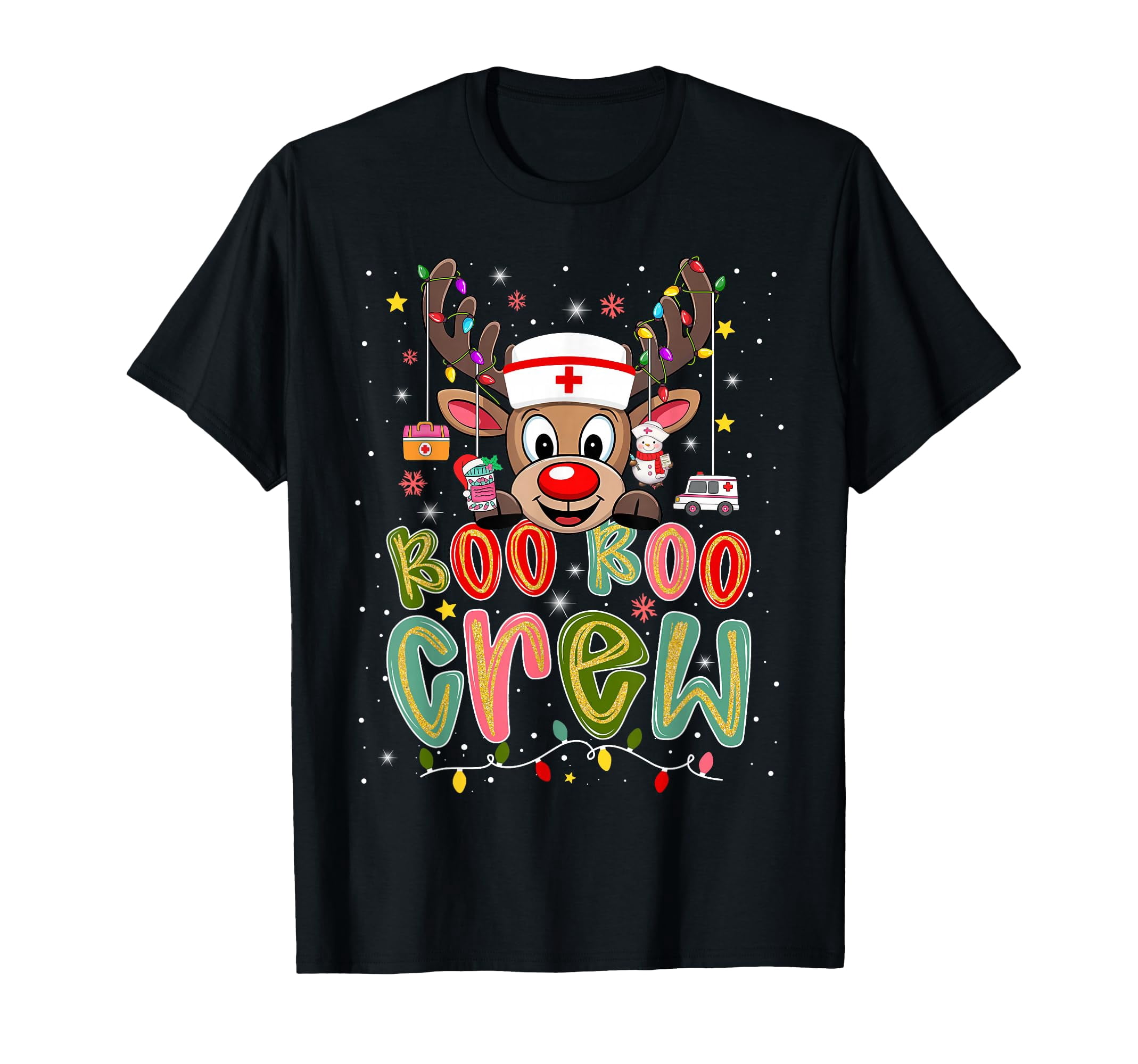 Festive Cartoon Reindeer Nurse T-Shirt for Boo Boo Crew Holiday Cheer ...