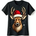 thumbnail image 1 of Festive Cartoon Reindeer in Santa Hat T-Shirt Whimsical Winter Design with Snowflakes for Christmas Lovers, 1 of 5