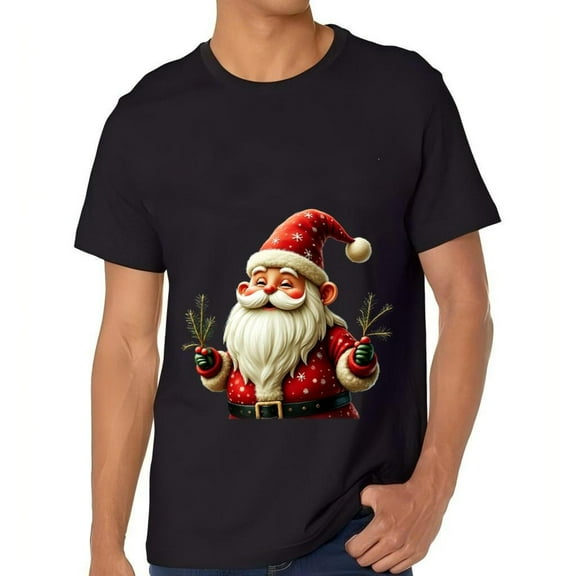 Festive Cartoon Santa Claus Cotton Short Sleeve T-Shirt for Men - Cheerful Holiday Design with Christmas Decorations