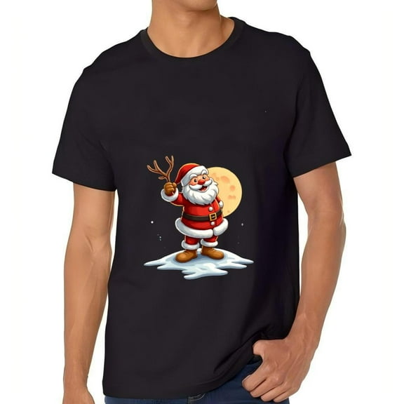 Festive Cartoon Santa Claus Cotton Short Sleeve T-Shirt for Men - Holiday Design with Reindeer Antler & Yellow Moon
