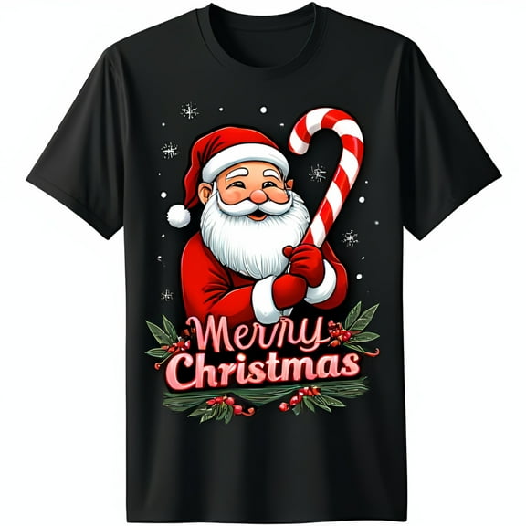 Festive Cartoon Santa Claus T-Shirt Merry Christmas Design with Holly & Snowflakes Black Tee for Holiday Cheer