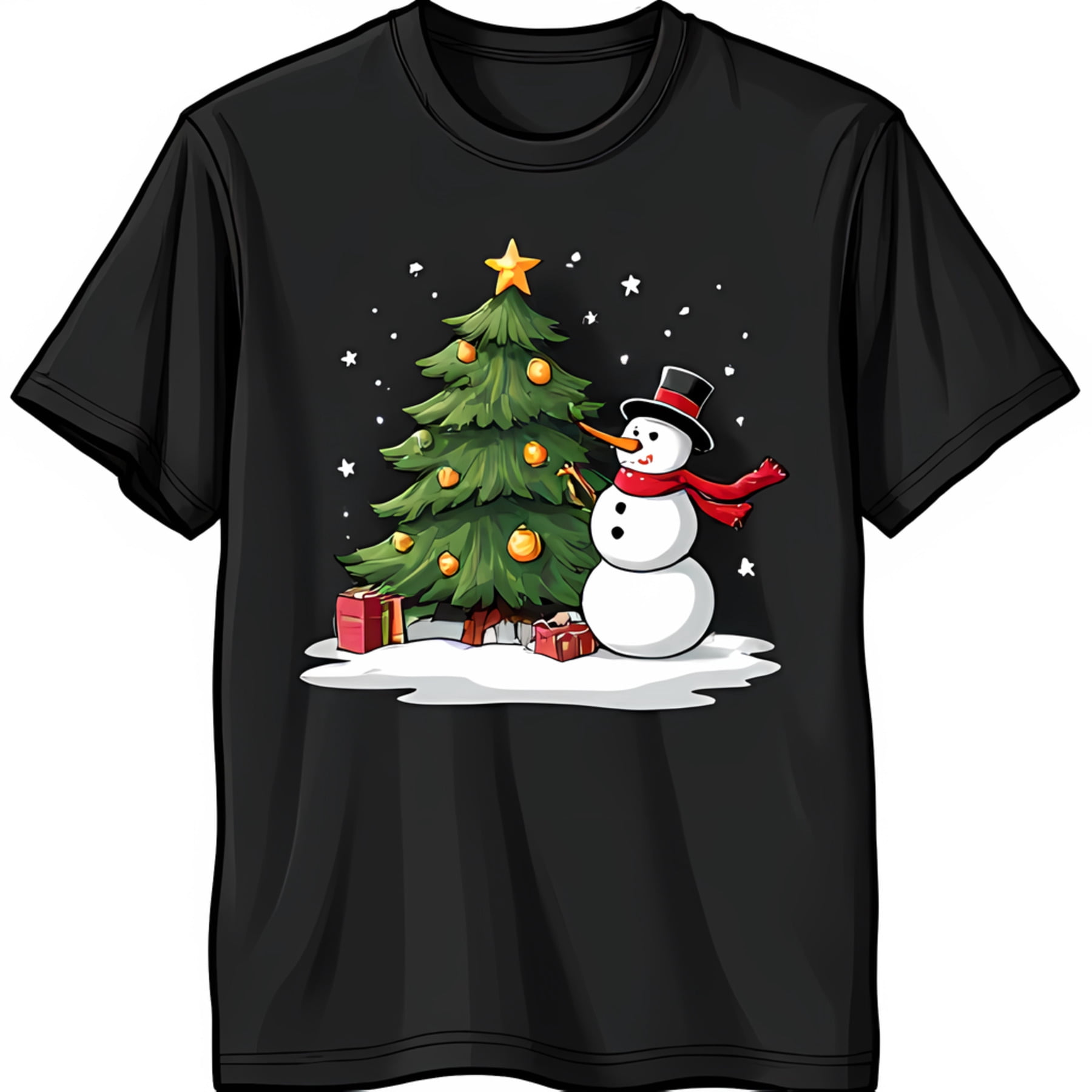 Festive Cartoon Snowman in Top Hat & Red Scarf with Christmas Tree T
