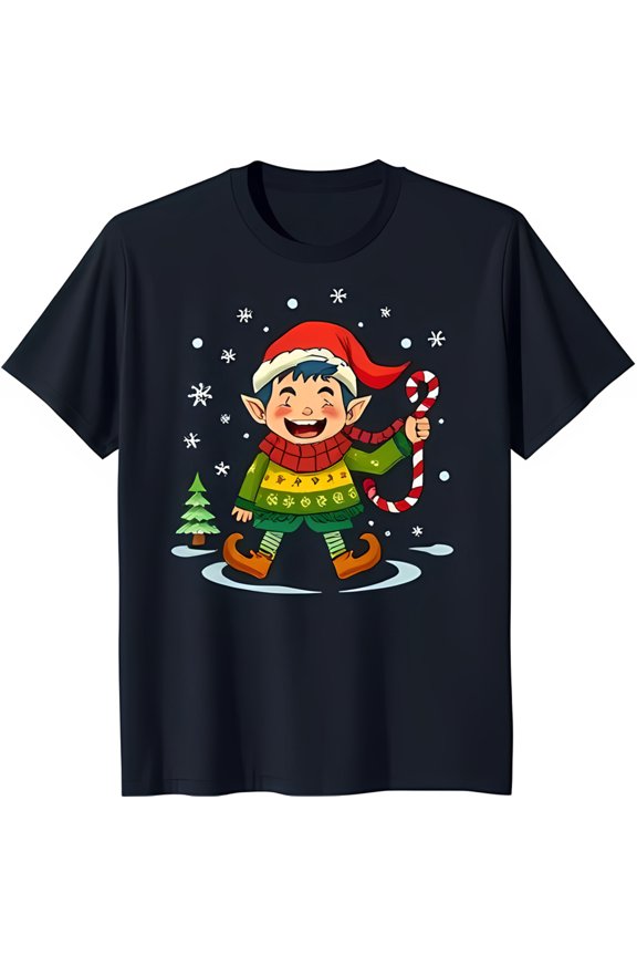 Festive Cartoon T-Shirt Mischievous with Candy & Christmas Cheer Holiday