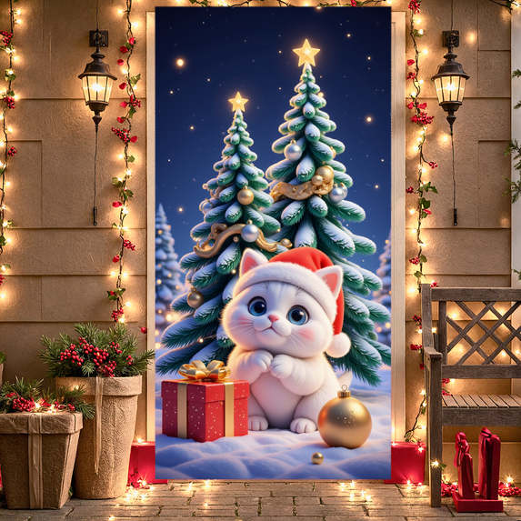 Festive Cat Christmas Banner Colorful Ornaments Holiday Background for Seasonal Party Winter Celebration Gathering