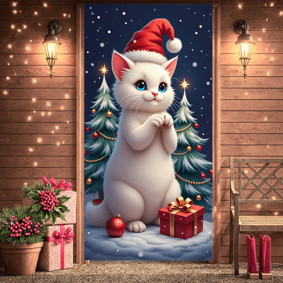 Festive Cat Holiday Banner for Christmas Decoration, Holiday Party, Kids Celebration