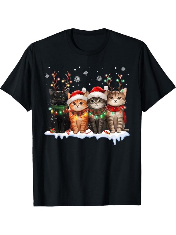 Festive Cat Reindeer Santa Holiday T-Shirt