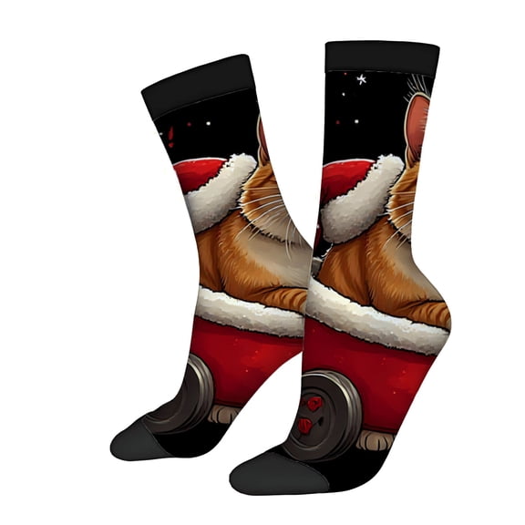 Festive Cat & Sleigh Socks - 2 Pairs of Unisex Trendy Socks with Playful Holiday Design Perfect for All Seasons