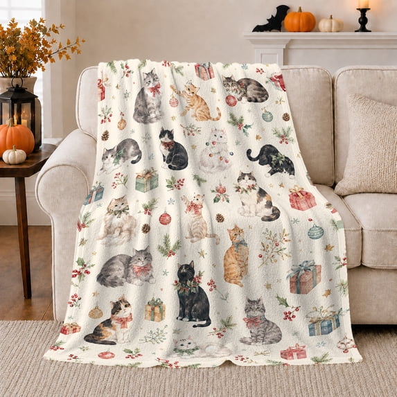 Festive Cats Holly Pattern Christmas, Festive Pet Portrait Pattern, Warm Flannel Blanket for Living Room and Bedroom, Cat Lovers Just Because Gift, Pet Lover Home Decor