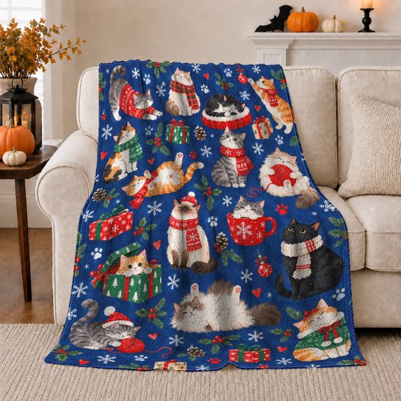 Festive Cats Winter Scarves Santa Hats Bring Cheerful, Playful Pet Portrait Pattern, Warm Flannel Blanket for Living Room and Bedroom, Cat Lovers Christmas Gift, Pet Lover Home Decor