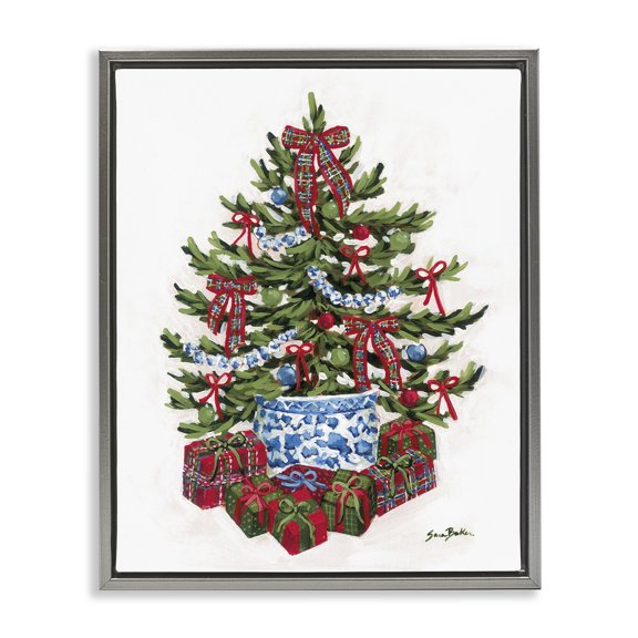 Stupell Industries Festive Celebration Tree Gray Framed Floater Canvas Wall Art, design by Sara Baker, 21 x 17
