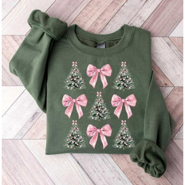 Festive Chic Sweater with Pink Bow Christmas Trees Unisex Comfort