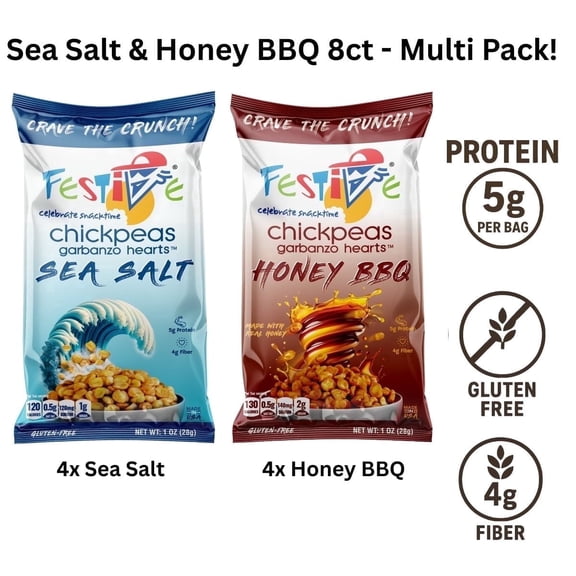 Snack Festive Roasted Chickpeas 8ct (4 Each of 2 Flavors: Sea Salt, Honey BBQ) Nut Free, Non-GMO Vegan Soy-Free