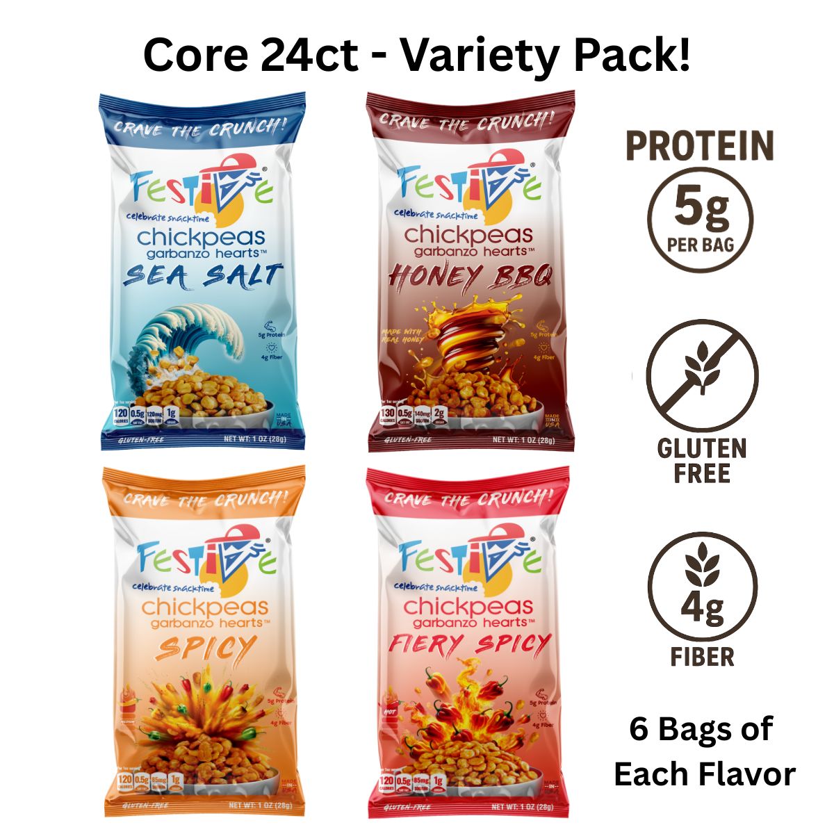 Snack Festive Roasted Chickpeas – Core Variety, 24ct Snack Bags (6 Each of 4 Flavors: BBQ, Sea Salt, Spicy, Fiery Spicy) Nut-Free, Non-GMO, Vegan, Soy-Free