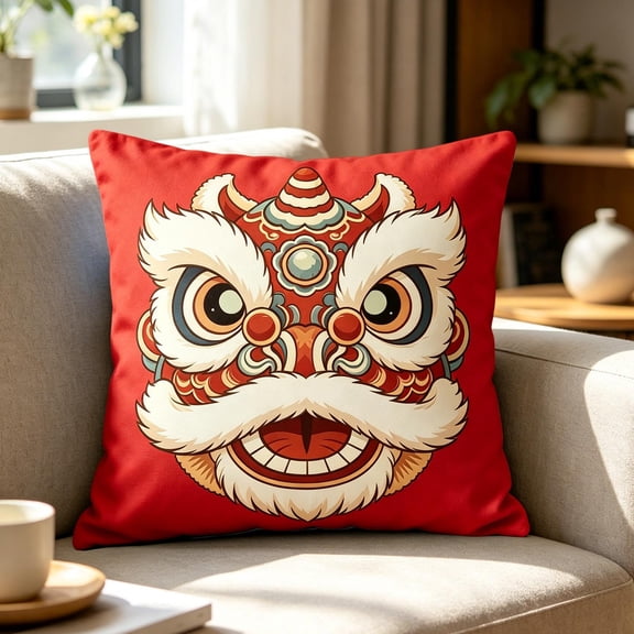 Festive Chinese Lion Dance Throw Pillow,Surface Displays Intricately Drawn Lion Dance Head Pattern Featuring Layered Decorative Ornaments,Fluffy White Fur Edges Details,18"(Red)