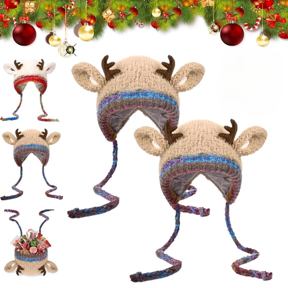 Festive Christmas Antler Hat, 2 in 1 Knitted Beanie Bag, Foldable Reindeer Hat for Holiday Gift