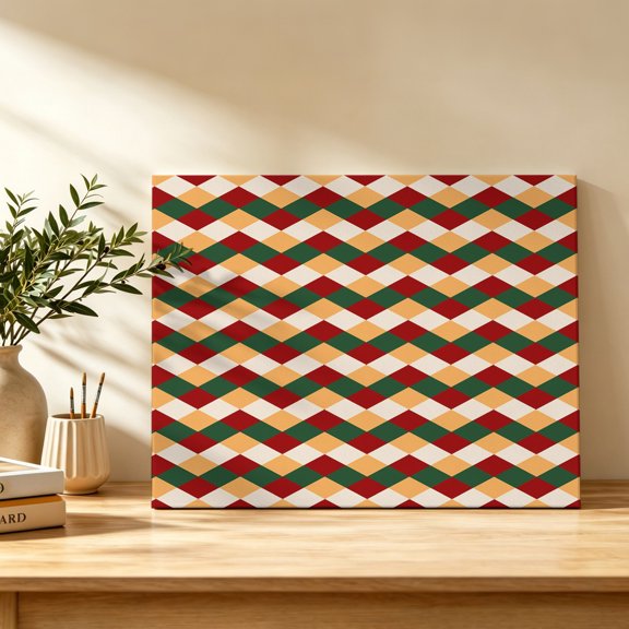 Festive Christmas Argyle Diamond Canvas Wall Art, Red Green Rhombus Plaid Wall Art Prints Artwork Framed Canvas Ready to Hang Art Pictures for Bathroom Bedroom Entry Desk Corner 10" x 8"