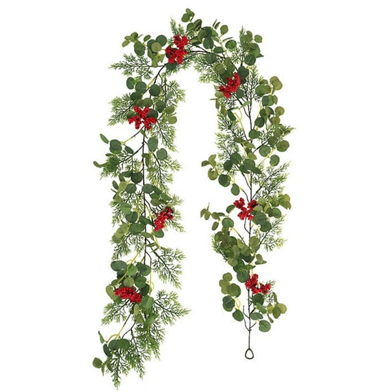 Festive Christmas Artificial Pine Garland with Red Berries and Rattan Home Decor for Fireplace Mantle Wall Door Wreaths Wedding Stage Holiday Celebrations
