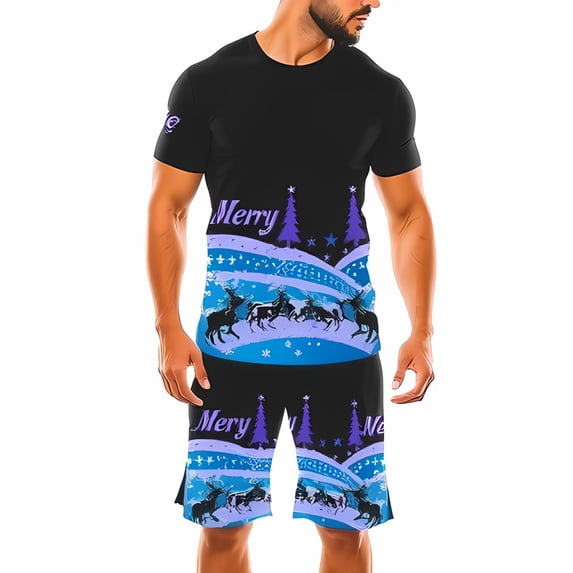 Festive Christmas Athletic Outfit: Black T-Shirt & Shorts Set with Vibrant Blue & Purple Reindeer Design Merry Font Perfect for Holiday Workouts