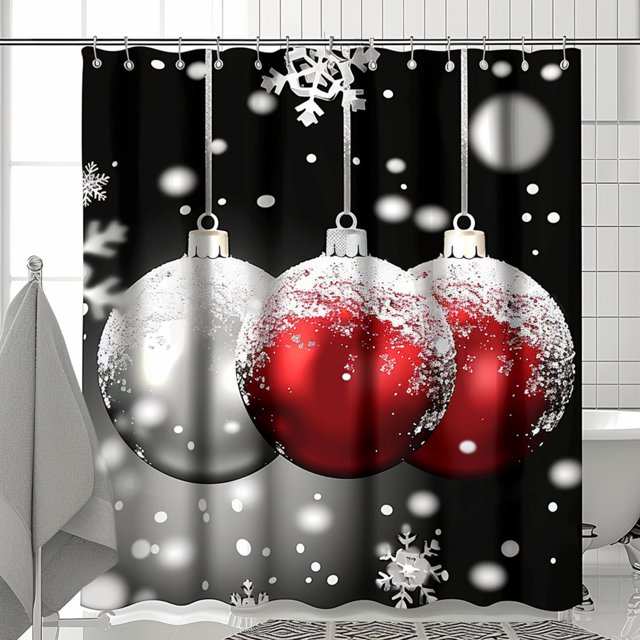 Festive Christmas Ball & Snow with Red Bow on Grey Background Shower