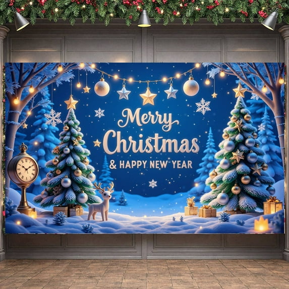 Festive Christmas Banner Blue Color New Year Display Star Decor Reindeer Design Holiday Backdrop for Christmas Party New Year Celebration Indoor Event